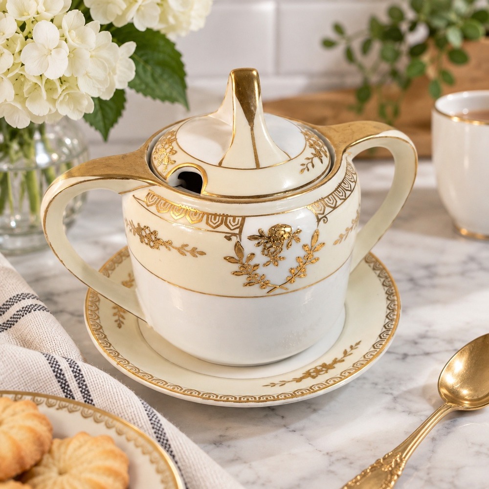 Vintage Noritake Gold Encrusted Floral Porcelain Sugar Bowl Saucer Set Cream